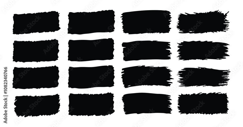 Set of Grunge Brush Stroke Shapes - Black Hand-Painted Textured Rectangles and Squares for Design Elements vector on white background Set of Grunge Brush Stroke Shapes - Black Hand-Painted Textured Rectangles and Squares for Design Elements vector on white background