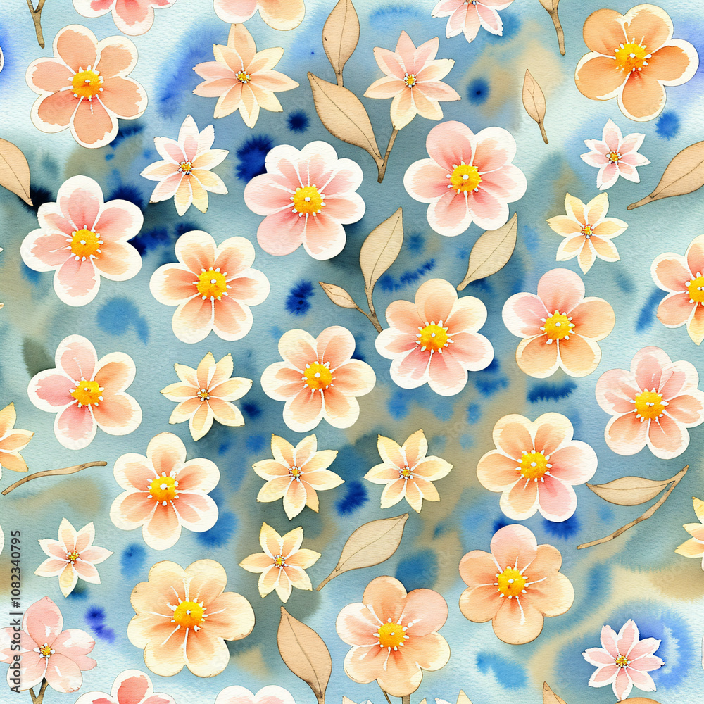 Plain Pale Ochre Background with Tiny Watercolor Flowers Plain Pale Ochre Background with Tiny Watercolor Flowers