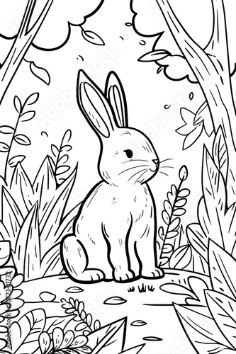 Black and white outline illustration of forest scene with a rabbit, ideal for children's coloring books, pages and educational activities about wildlife.