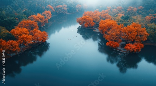 A misty autumn lake with colorful trees and a serene atmosphere.