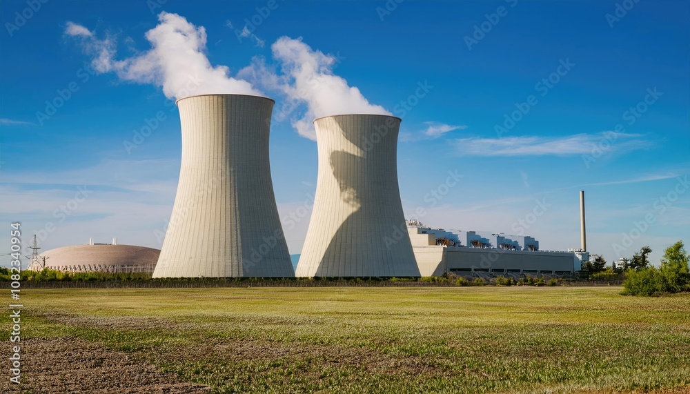 Nuclear power plant cooling towers emitting steam under blue sky Nuclear power plant cooling towers emitting steam under blue sky