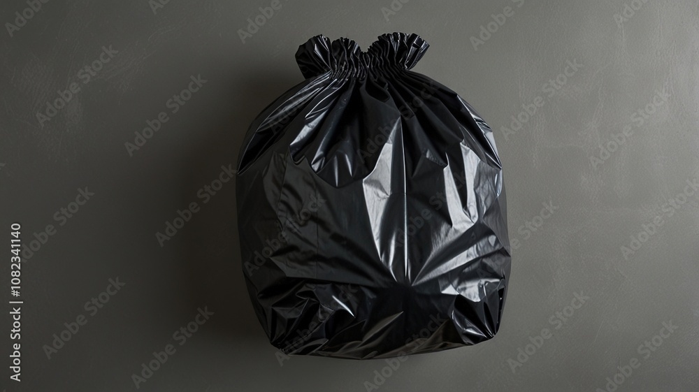 Open Black Plastic Garbage Bag on Light Gray Surface: Top-Down View Open Black Plastic Garbage Bag on Light Gray Surface: Top-Down View