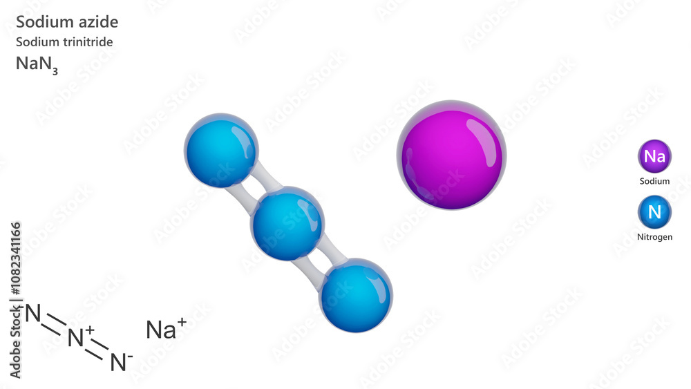 Molecule: Sodium Azide. Molecular structure. Formula: NaN3. Chemical model: Ball and stick. White background. 3D illustration. Molecule: Sodium Azide. Molecular structure. Formula: NaN3. Chemical model: Ball and stick. White background. 3D illustration.