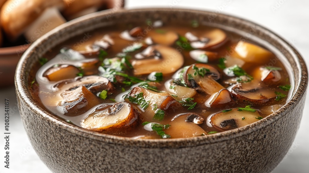 Mushroom Soup in a Rustic Bowl. Generative AI Mushroom Soup in a Rustic Bowl. Generative AI