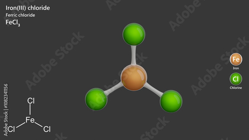 Molecule: Iron(III) Chloride. Molecular structure. Formula: FeCl3. Chemical model: Ball and stick. Gray background. 3D illustration. photo