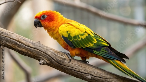 Vibrant Parrot Perched on Branch with Striking Orange, Yellow, and Green Feathers Against a Soft Blurred Background