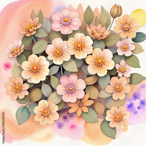 Plain Pale Ochre Background with Tiny Watercolor Flowers