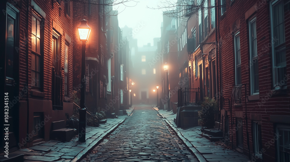 Misty cobblestone alley illuminated by warm streetlights in early morning fog Misty cobblestone alley illuminated by warm streetlights in early morning fog