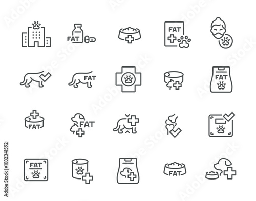 Pet obesity fat dog cat veterinary line art icon set vector domestic animal healthcare overweight