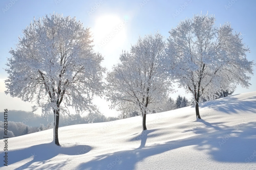 A serene winter landscape with three snow-covered trees under a bright sun. A serene winter landscape with three snow-covered trees under a bright sun.