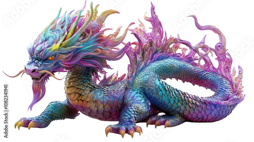 Colorful Dragon with Intricate Scales in Vibrant Colors, Chinese New Year Festival, Isolated on White, PNG File, Transparent Background