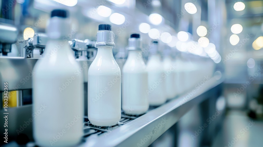 Fresh Bottled Milk on a Production Line in a Modern Dairy Factory, Highlighting the Swinging Flow of Goods in Food Processing Environments