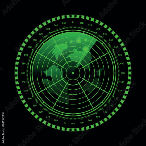 Green circle radar screen with scale measure sonar monitor realistic vector illustration