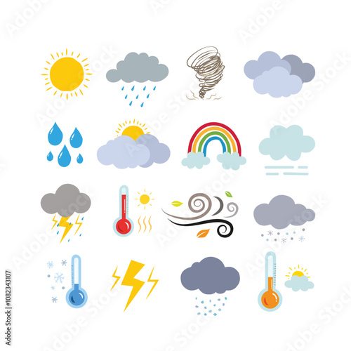 Weather icons set, Weather vector graphics bundle, Weather Clipart Set, Cloudy, Sunny, Rainy Snowy, Planner Supplies