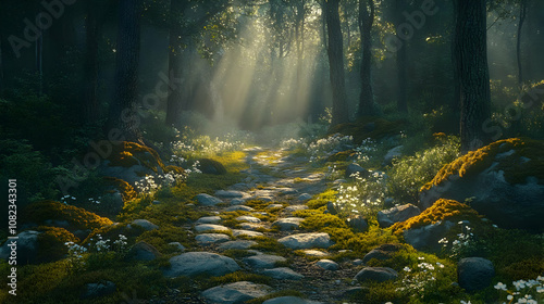 Sunlit Path Through a Forest 3D Illustration