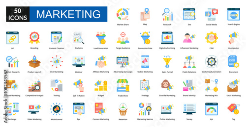 Marketing flat icon collection set. Includes selling, trade, promotion, purchase, retail, traffic, commerce, sale, shopping, buy