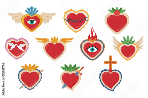 Sacred Mexican hearts traditional memorial holy spiritual symbol set vector flat illustration