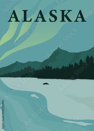 view of mountains and northern lights in alaska landscape poster illustration design.