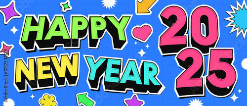 happy new year 2025 sticker text, colorful and fun