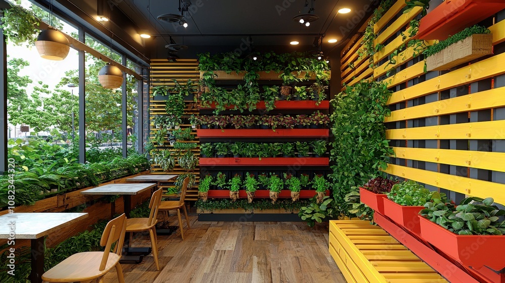 Modern Indoor Plant Wall in Stylish Café Featuring Bright Yellow and Red Accents, Cozy Seating, and Abundant Natural Light with Lush Greenery