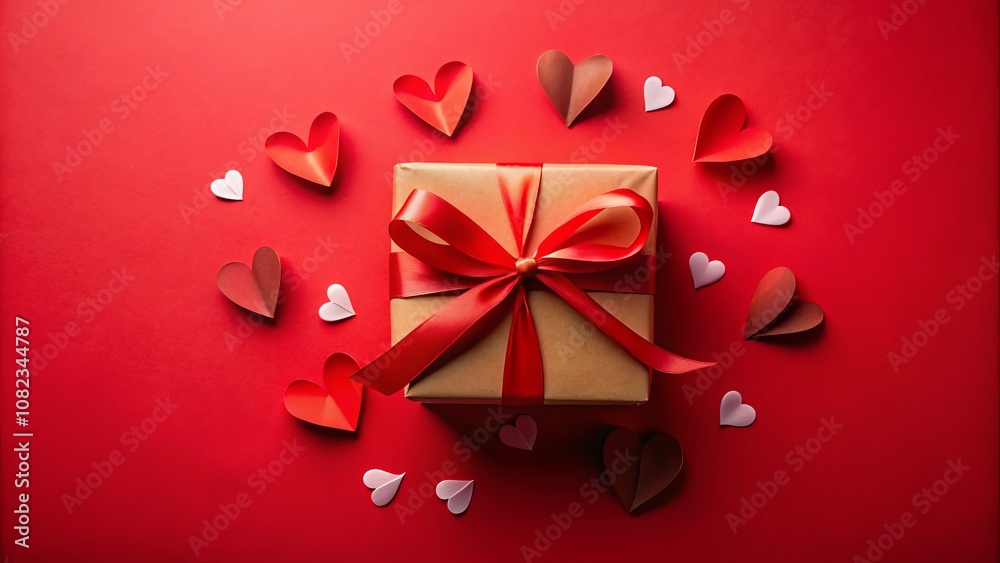Handmade Paper Art Valentine's Day Gift Box with Decorative Ribbon and Heart Accents on Red Background, Space for Personalized Text and Celebratory Elements Handmade Paper Art Valentine's Day Gift Box with Decorative Ribbon and Heart Accents on Red Background, Space for Personalized Text and Celebratory Elements