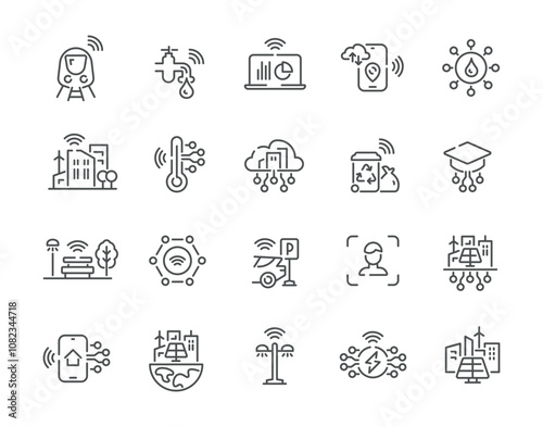 Smart city industrial innovation technology line art icon set vector illustration