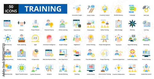 Training flat icon collection set. Includes teaching, practice, planning, improvement, preparation, treatment, instruction, development, exercise, briefing, education