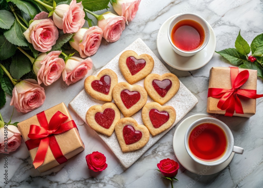 Heart-Shaped Homemade Cookies with Red Jam on Marble Table Surrounded by Roses and a Gift Tea for a Romantic Valentine's Day Celebration Heart-Shaped Homemade Cookies with Red Jam on Marble Table Surrounded by Roses and a Gift Tea for a Romantic Valentine's Day Celebration