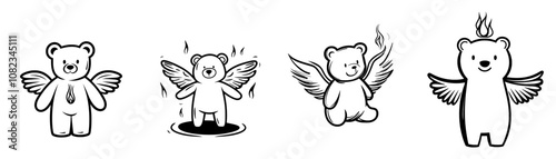 On a black background, a hand-drawn modern illustration of a bear doll and angel depicts the paradise slogan in black and white.