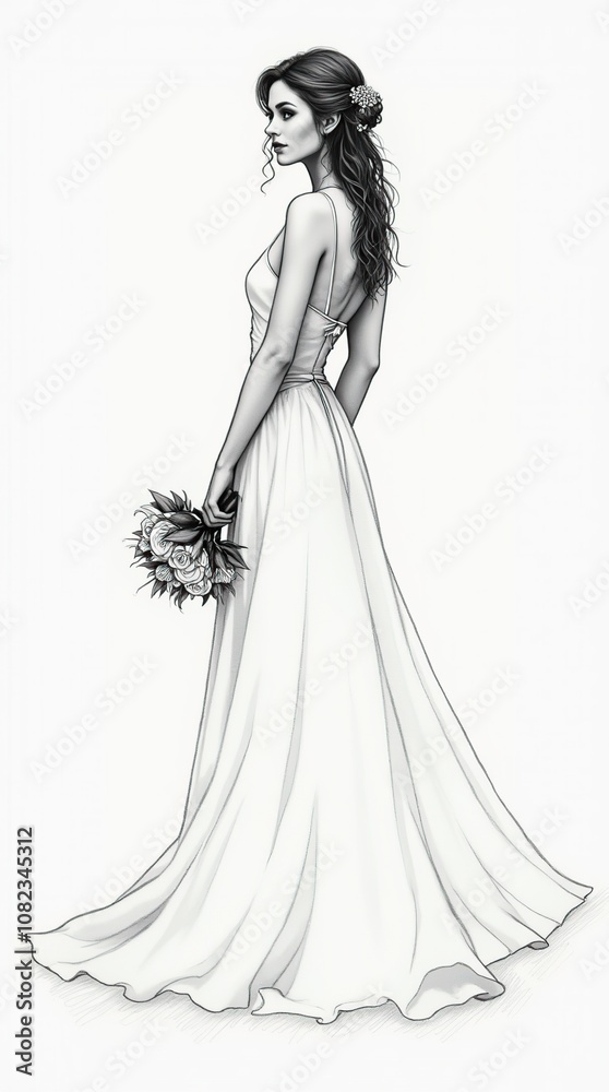 Elegant Minimalist Line Drawing of Bride Holding Bouquet Elegant Minimalist Line Drawing of Bride Holding Bouquet