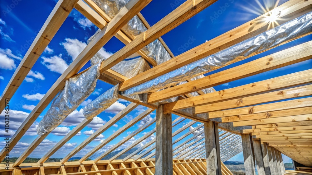 High Depth of Field Image of Thermal Aluminum Foil Insulation Installed on New Wooden Trusses for Roof Reinforcement, Showcasing the Modern Construction Techniques and Materials Used High Depth of Field Image of Thermal Aluminum Foil Insulation Installed on New Wooden Trusses for Roof Reinforcement, Showcasing the Modern Construction Techniques and Materials Used