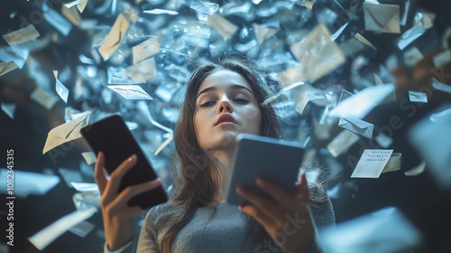 Woman juggling multiple phones and screens, with emails pouring in photo