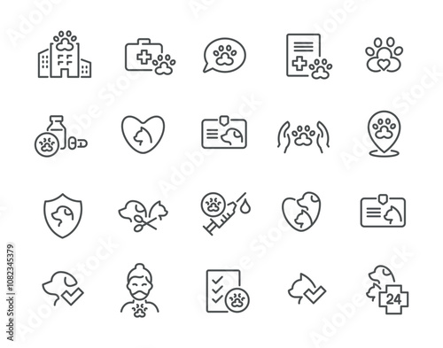 Veterinary clinic pet medical aid grooming line art icon set vector illustration