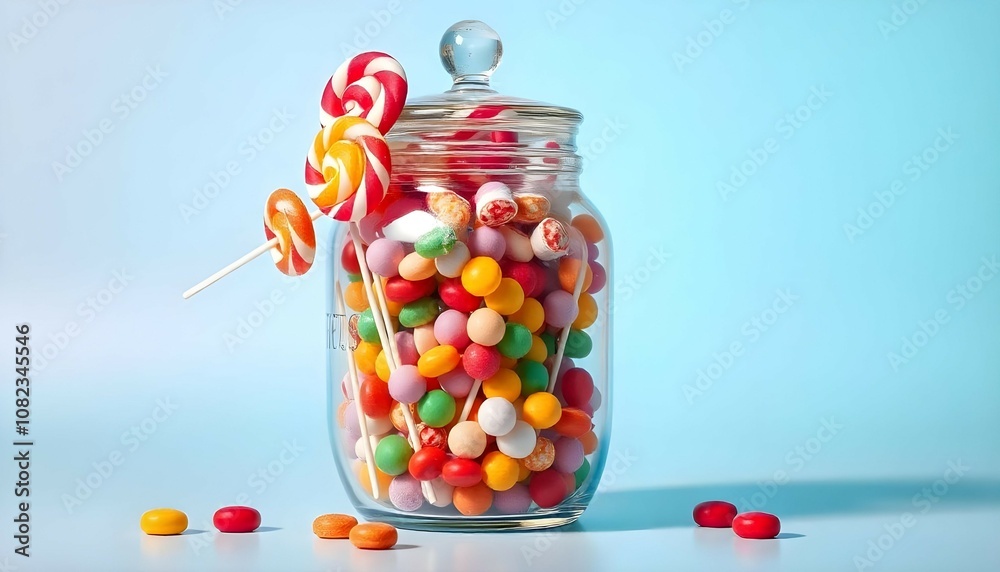 Colorful candies and lollipops in glass jar on blue background Colorful candies and lollipops in glass jar on blue background