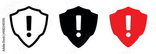 Shield exclamation icon, alert, warning, firewall, security shields, danger, attention symbol. Alert symbols set isolated. Vector illustration