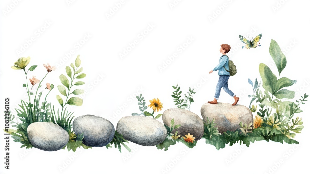Fototapeta premium CBT Psychotherapy, A young person walks on stones surrounded by lush greenery and flowers, evoking a sense of nature and adventure.