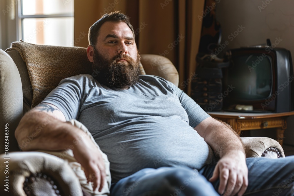 Fat People. Unhealthy Lifestyle of an Adult Caucasian Man Sitting in Armchair Fat People. Unhealthy Lifestyle of an Adult Caucasian Man Sitting in Armchair