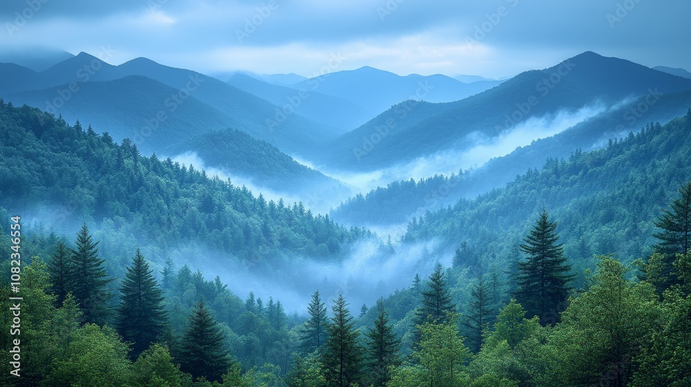 Obraz premium Misty Blue Mountains in Morning Light. Generative AI