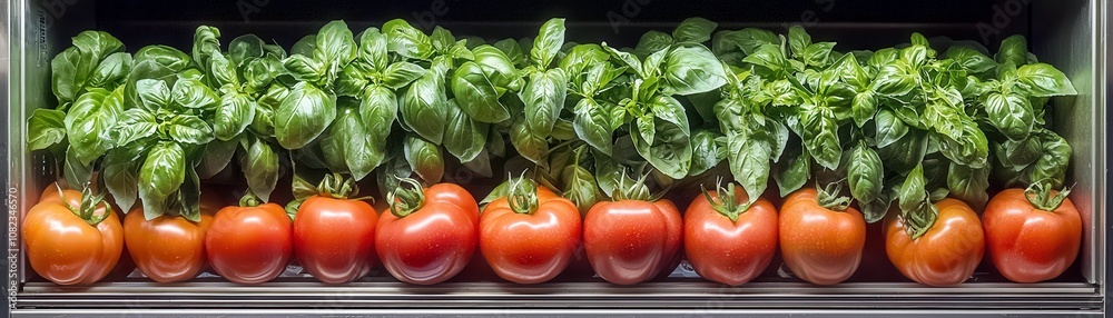 Fresh Tomatoes and Basil Leaves Stacked Neatly in a Horizontal Line Showcasing Vibrant Red Colors and Lush Green Foliage in a Gourmet Kitchen Setting Fresh Tomatoes and Basil Leaves Stacked Neatly in a Horizontal Line Showcasing Vibrant Red Colors and Lush Green Foliage in a Gourmet Kitchen Setting