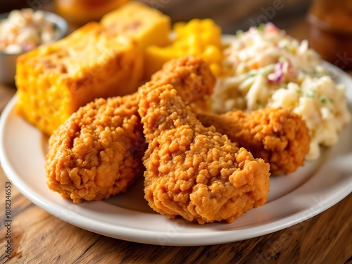 Fried Chicken Drumsticks with Cornbread, Mashed Potatoes, and Coleslaw on a White Plate