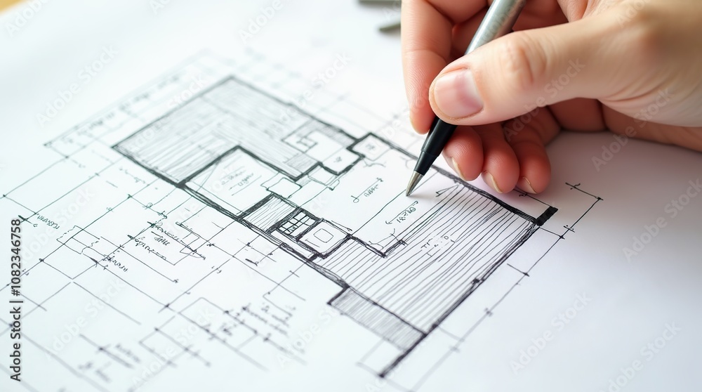 Architect's Hand Drawing Detailed Blueprint on Paper Architect's Hand Drawing Detailed Blueprint on Paper