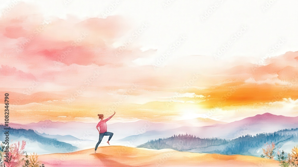 CBT Psychotherapy, self - improvement and overcome, A vibrant watercolor painting of a person standing on a hill, reaching towards a colorful sunset over a serene landscape. CBT Psychotherapy, self - improvement and overcome, A vibrant watercolor painting of a person standing on a hill, reaching towards a colorful sunset over a serene landscape.