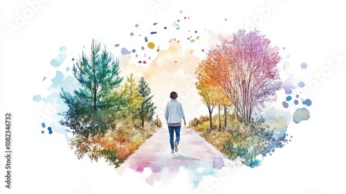 CBT Psychotherapy, self - improvement,  A serene watercolor illustration of a person walking down a path framed by vibrant trees and colorful splashes, evoking a sense of peace and contemplation.