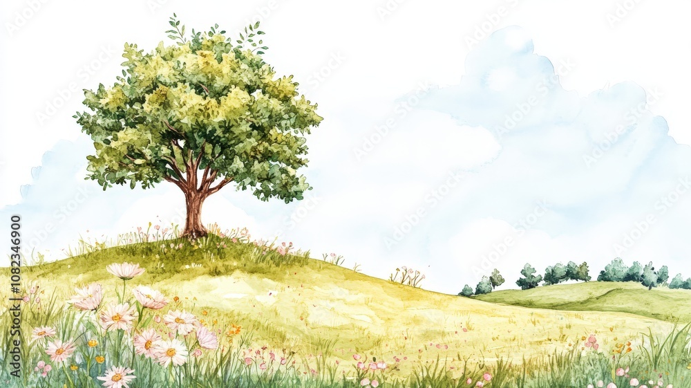 A serene watercolor landscape featuring a solitary tree atop a grassy hill, surrounded by wildflowers under a bright, cloudy sky.