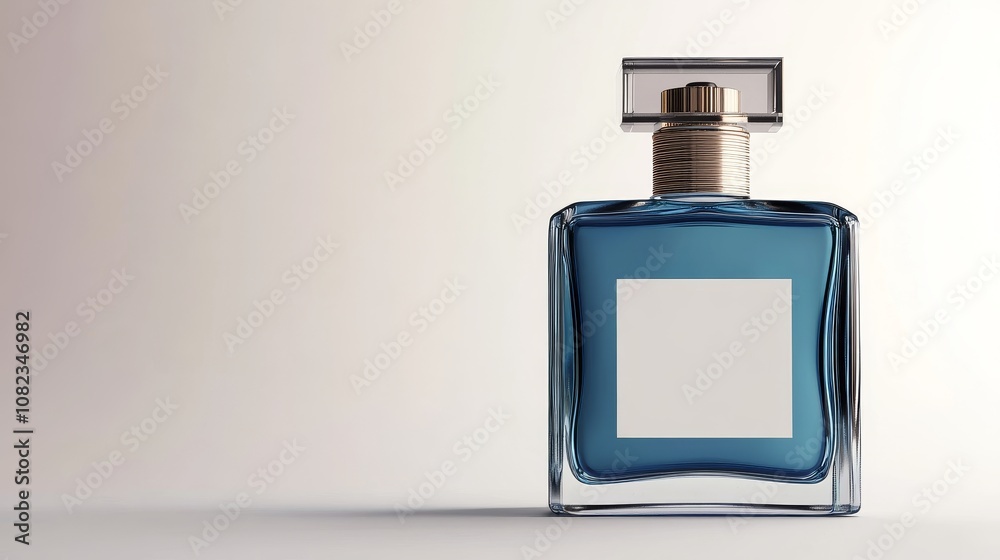 Empty blue perfume bottle with blank label isolated on white background, ready for your branding or design. Empty blue perfume bottle with blank label isolated on white background, ready for your branding or design.