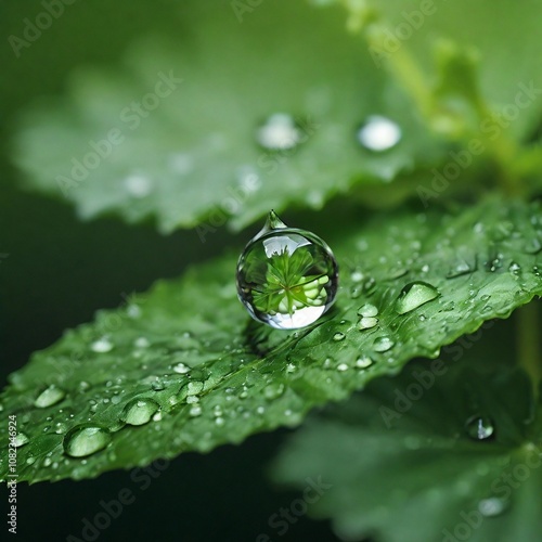 Droplet reflects the surrounding environment, highlighting the beauty and intricacy of nature in a calm and serene setting.