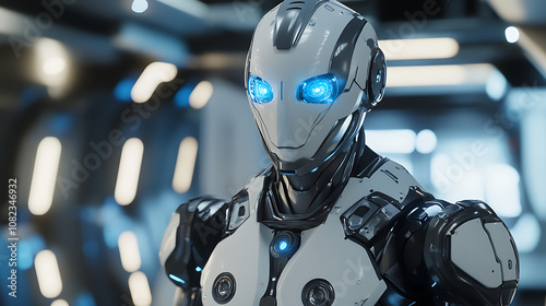  Robot personal assistant, humanoid features, metallic finish, glowing blue eyes, in a sleek futuristic environment4