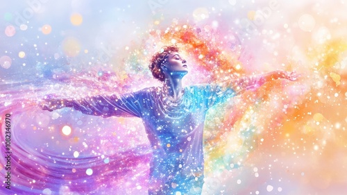 Chakra healing intuition, A vibrant image of a person joyfully embracing color and light, symbolizing freedom, creativity, and the essence of life.