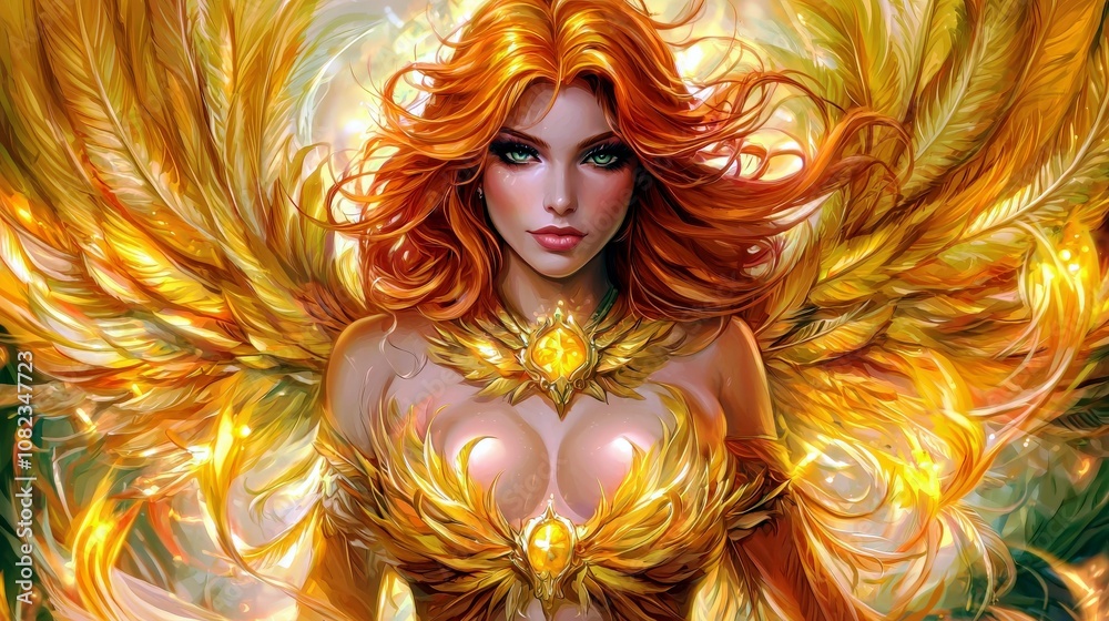 Stunning Portrait of a Fiery Fantasy Warrior with Golden Wings Surrounded by Ethereal Light and Magical Energy, Capturing Strength and Beauty in Vivid Colors Stunning Portrait of a Fiery Fantasy Warrior with Golden Wings Surrounded by Ethereal Light and Magical Energy, Capturing Strength and Beauty in Vivid Colors