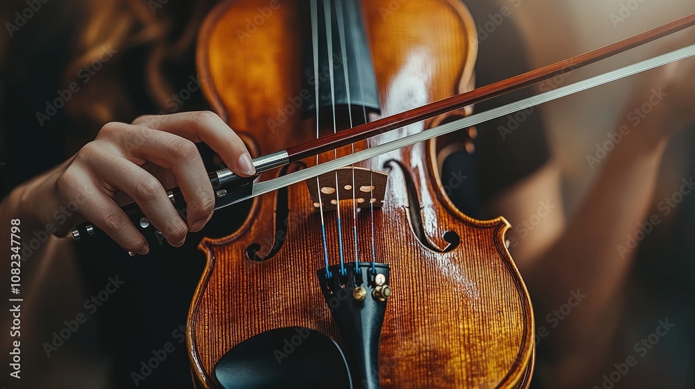 Close-up of a woman's hand holding a violin bow and playing a violin. Close-up of a woman's hand holding a violin bow and playing a violin.
